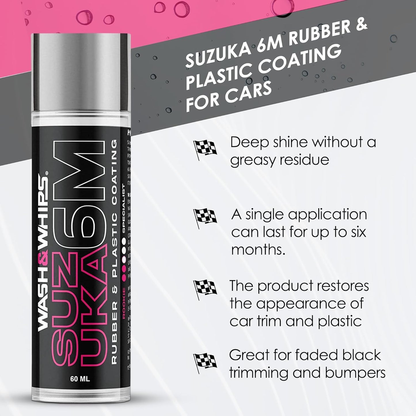 WASH&WHIPS Suzuka 6M Rubber & Plastic Coating for Cars, Restores and Brings Back Black - Concentrated Formula Non-Greasy, 60ml - 4 Wheel Overland