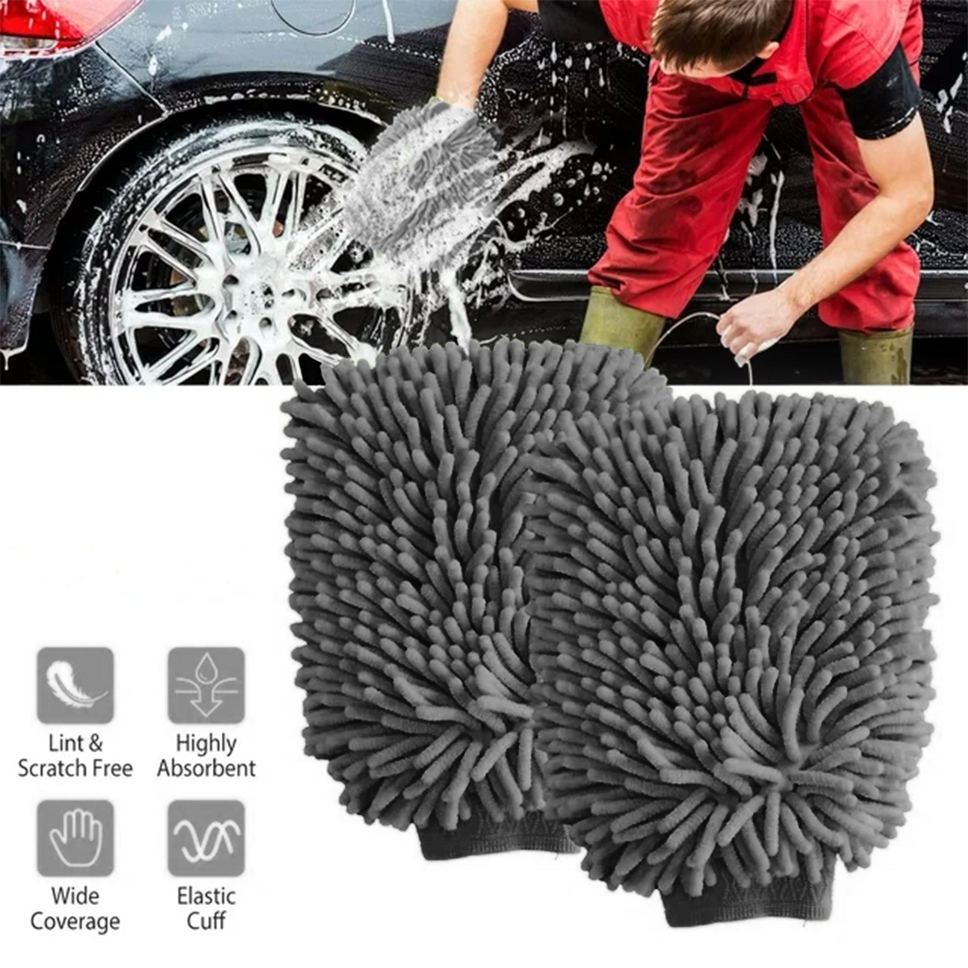 WASH&WHIPS Microfiber Chenille Car Cleaning Mitt - 2pk - 4 Wheel Overland